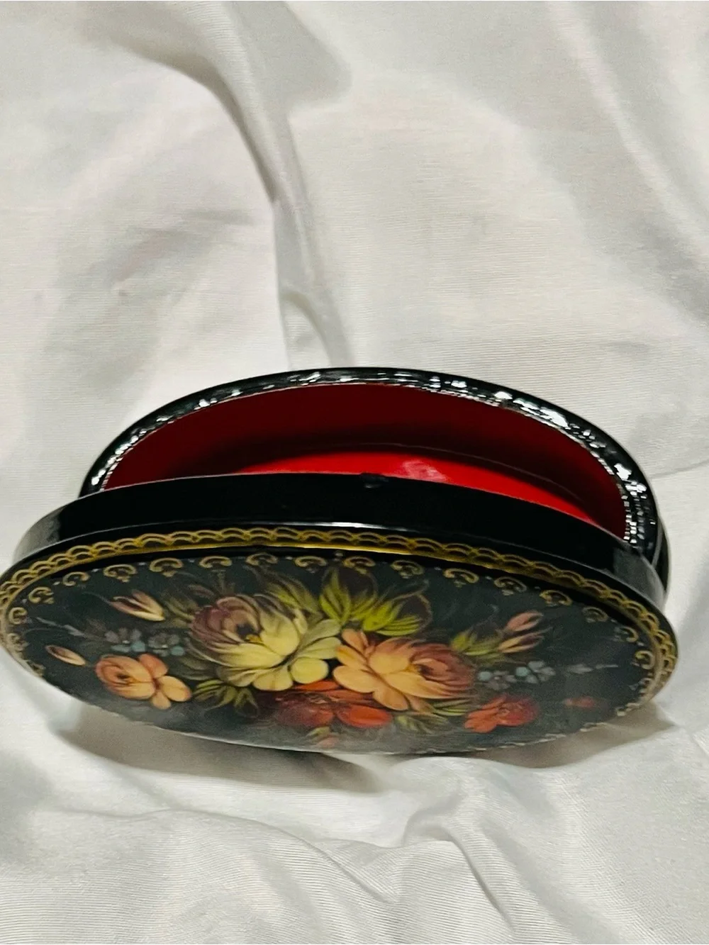 Hand-Painted Russian Floral Oval Trinket Box - Black with Multicolor Flowers